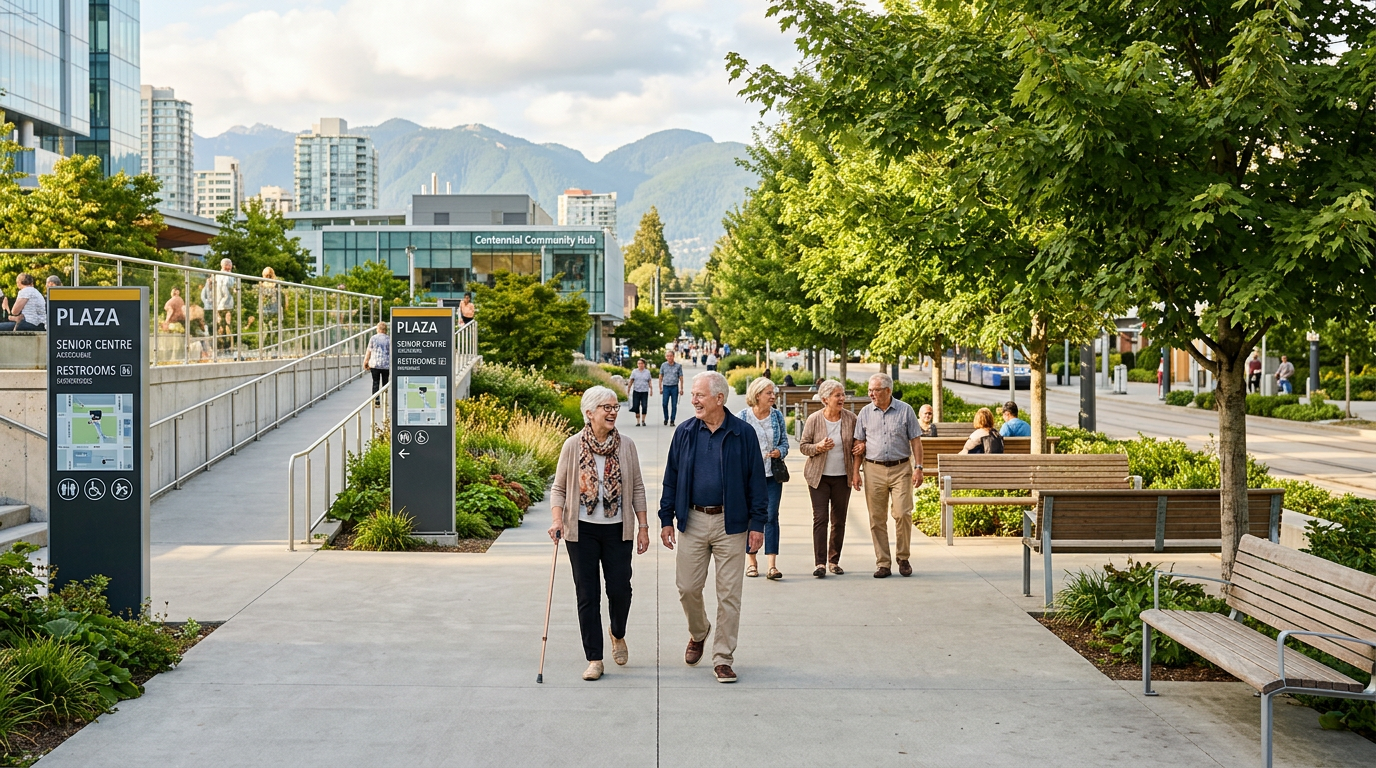 Accessible urban plaza with older adults walking in a Canadian city
