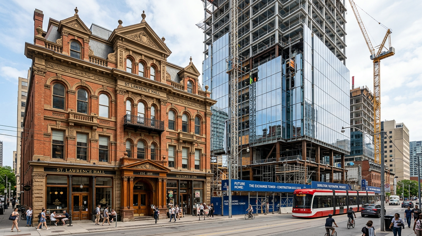 Historic Victorian building beside a modern glass tower under construction in Toronto