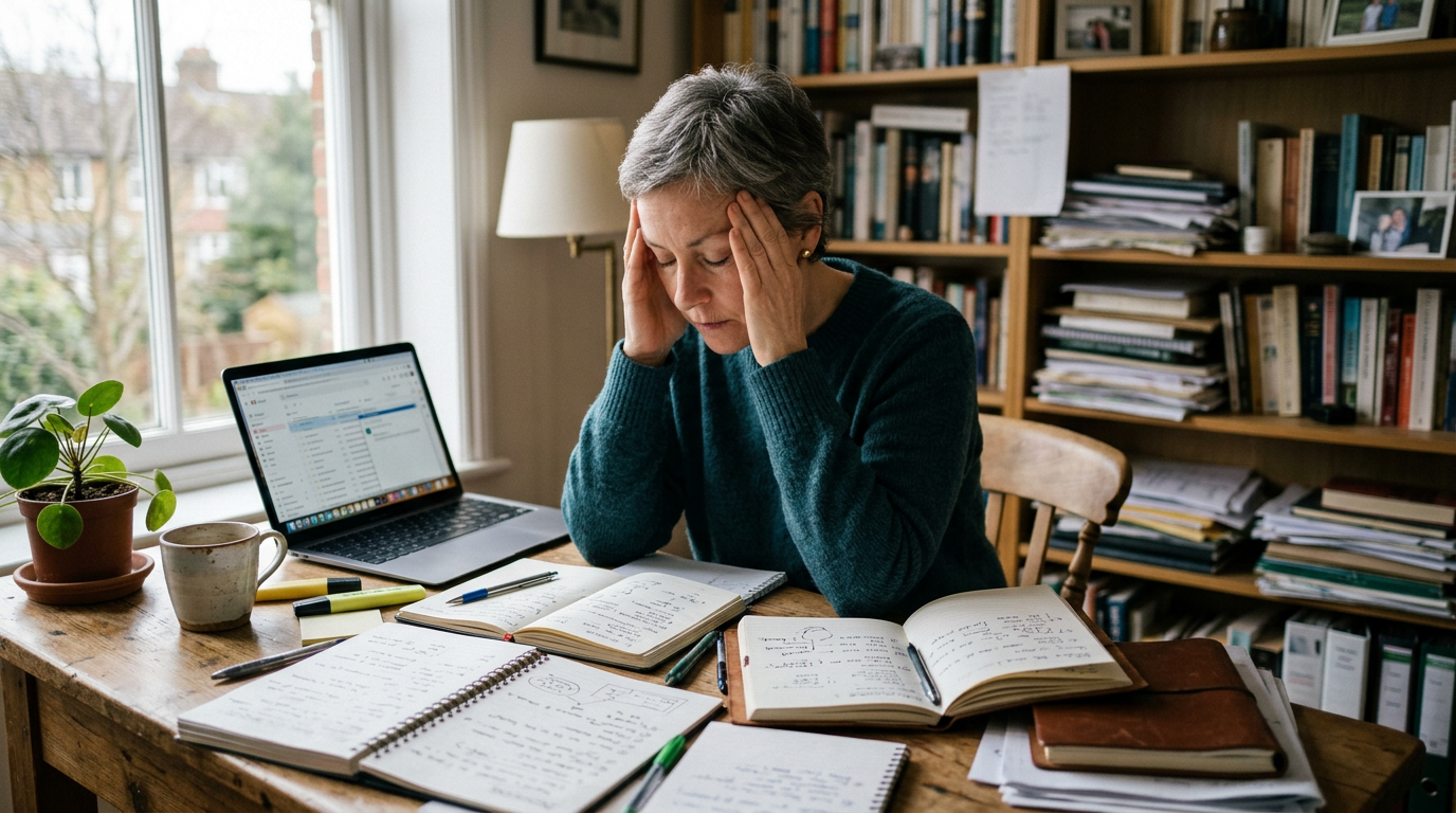 Person experiencing decision fatigue at a cluttered desk