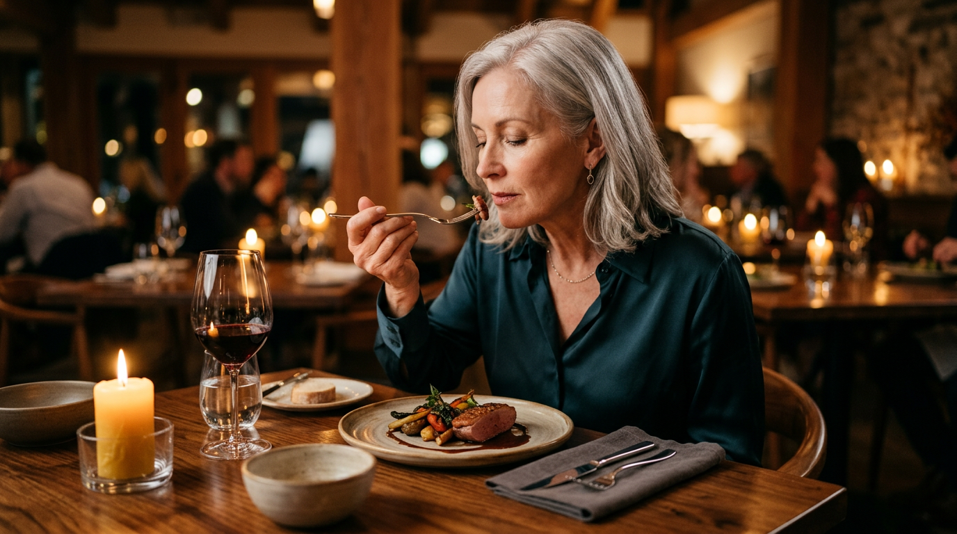 Woman tasting a dish at a candlelit restaurant